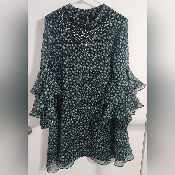 Anthropologie Ranna Gill Flutter Long Sleeve Tunic Mini Dress Green Size Medium - Picture 8 of 12